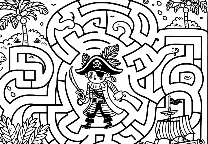 Un pirate navigue à travers un labyrinthe d'îles – Modèle à colorier gratuit pour les garçons à partir de six ans