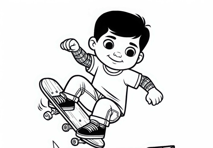Skateur saute par-dessus un obstacle - modèle à colorier gratuit pour les garçons à partir de six ans