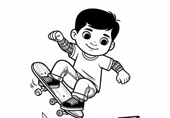 Skateur saute par-dessus un obstacle - modèle à colorier gratuit pour les garçons à partir de six ans