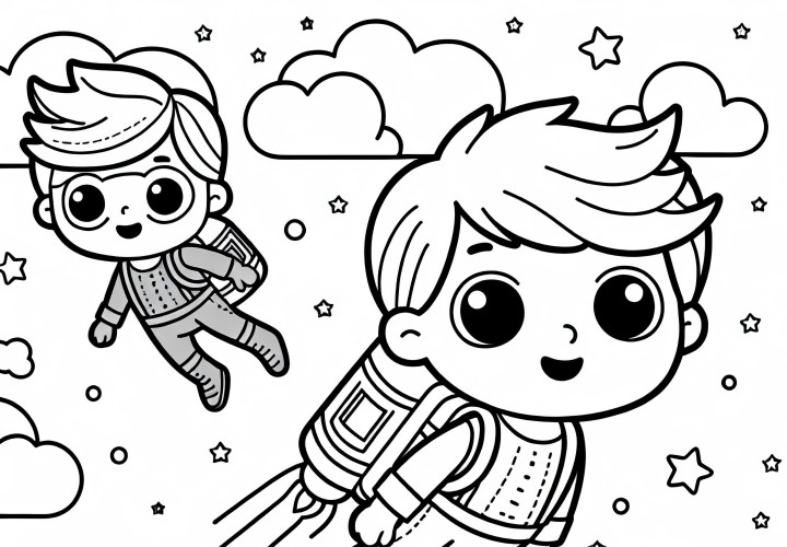 Un garçon vole avec un jetpack - Dessin à colorier pour les garçons à partir de six ans gratuit