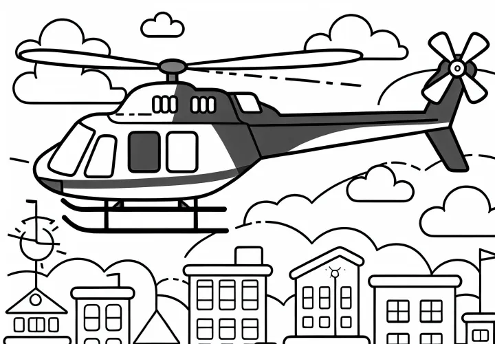 Hélicoptère de police au-dessus de la ville – Dessin à colorier pour garçons à partir de six ans, gratuit