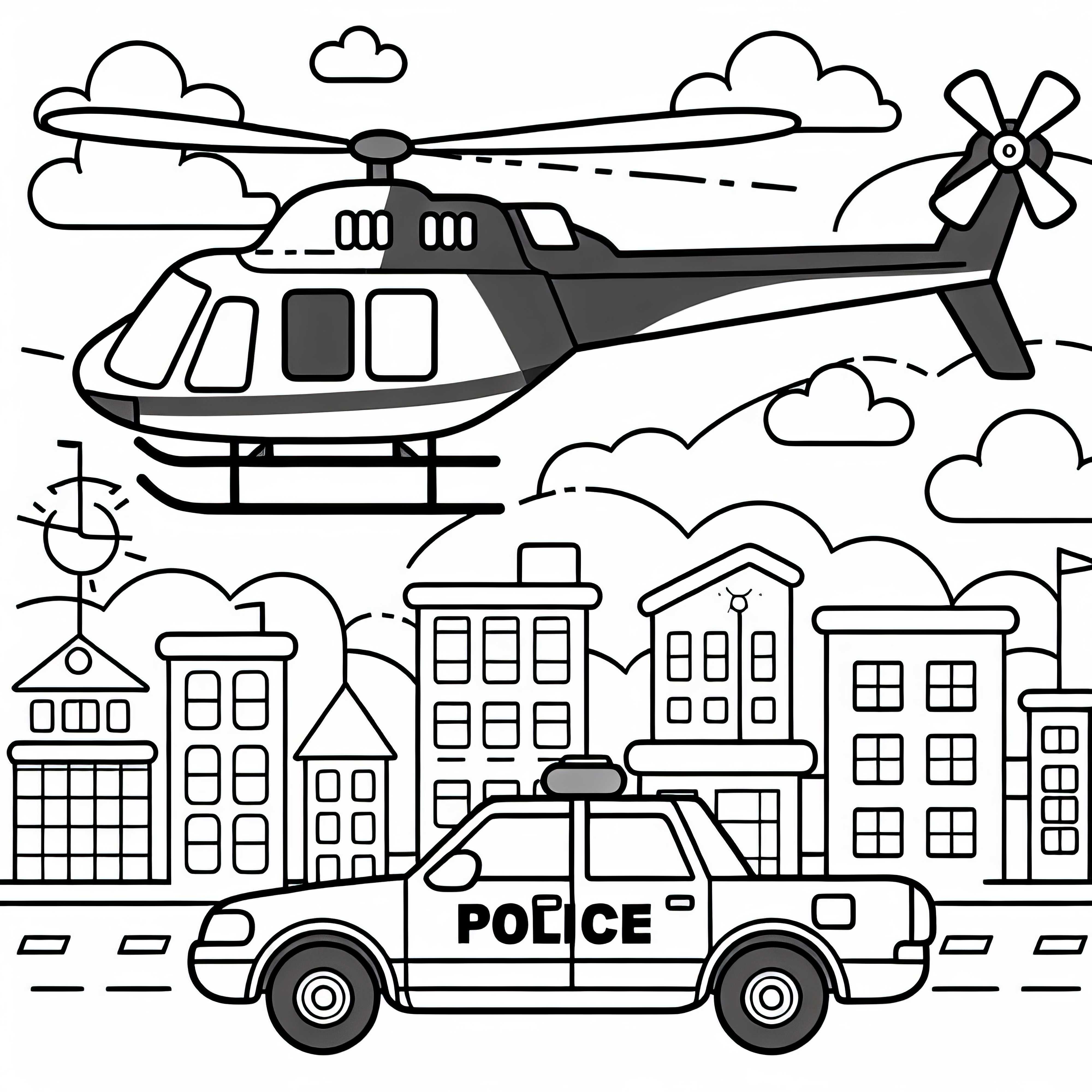 Hélicoptère de police au-dessus de la ville - Dessin à colorier gratuit pour les garçons à partir de six ans