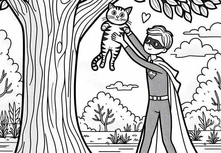 Super-héros sauve un chat d'un arbre - Dessin à colorier pour les garçons à partir de six ans