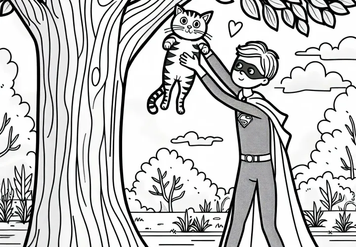 Super-héros sauve un chat d'un arbre - Dessin à colorier pour les garçons à partir de six ans