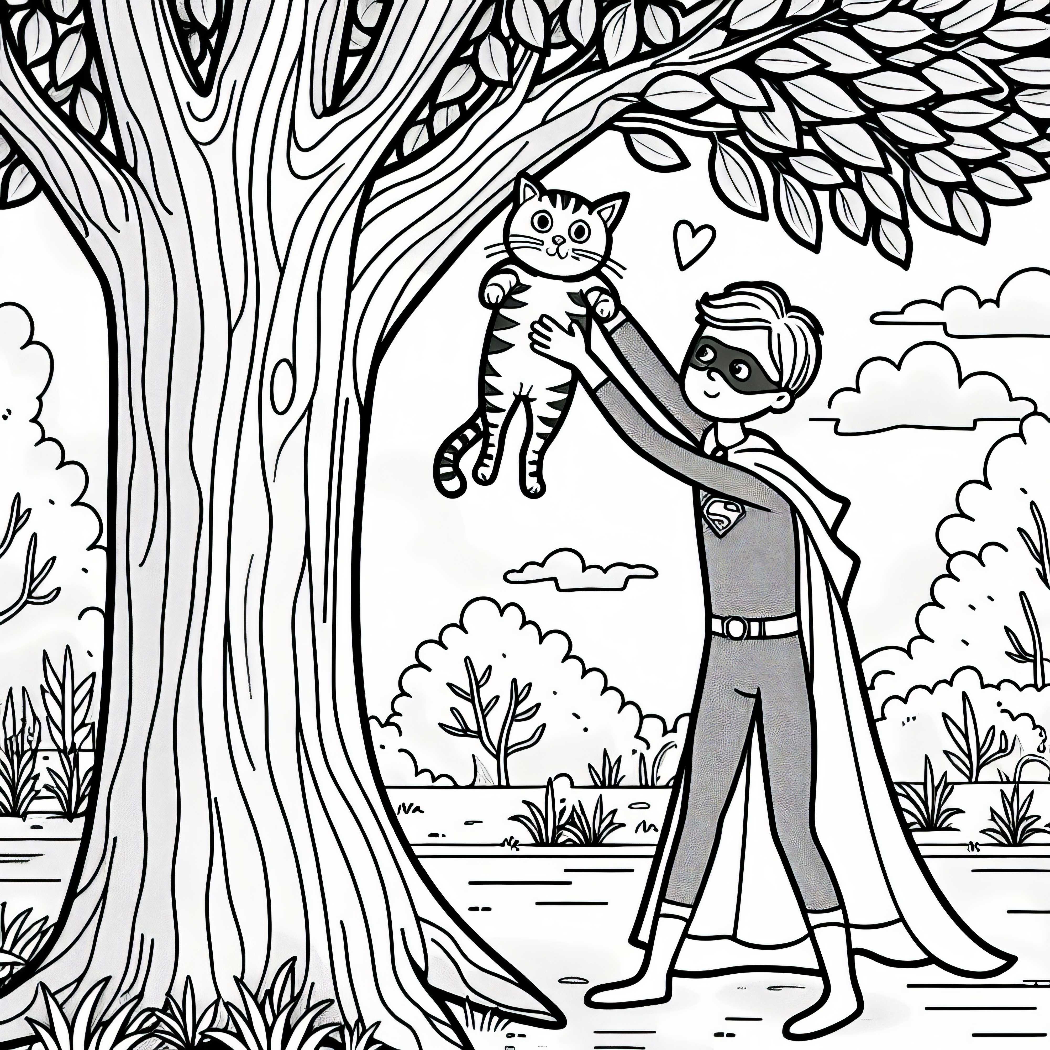 Super-héros sauve un chat de l'arbre – Dessin à colorier pour les garçons à partir de six ans