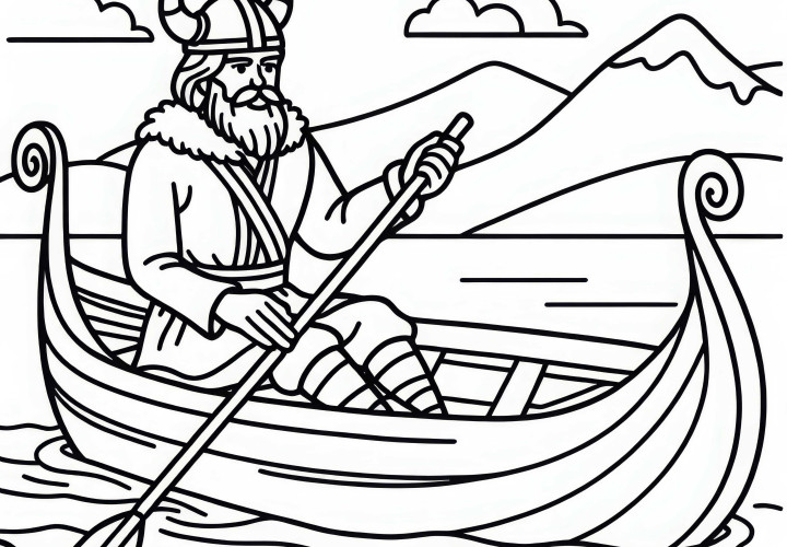 Les vikings rament un drakkar - Dessin à colorier pour les garçons à partir de six ans, gratuit