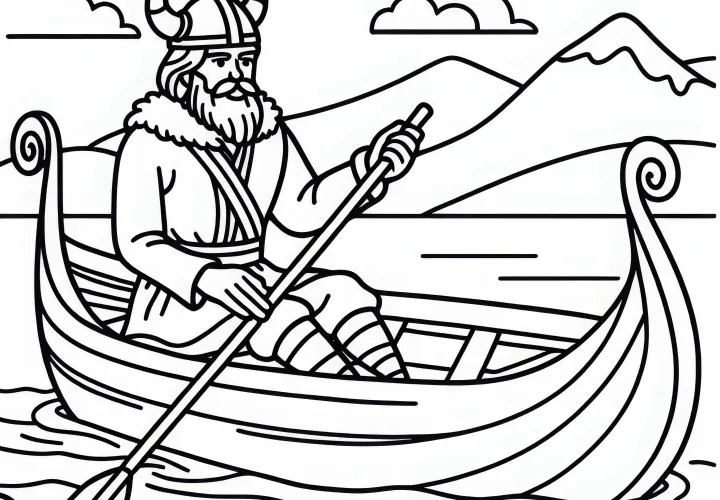 Les vikings rament un drakkar - Dessin à colorier pour les garçons à partir de six ans, gratuit