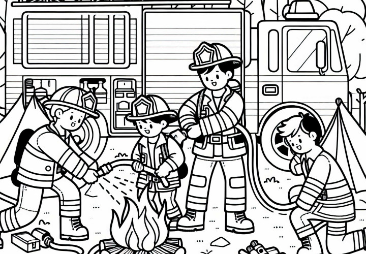 Équipe de pompiers éteint un feu de camp - Page à colorier gratuite pour les garçons à partir de six ans