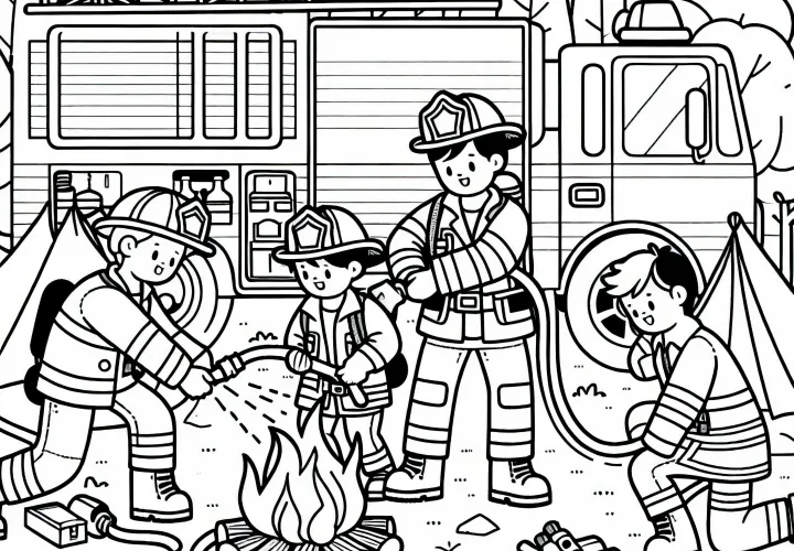 Équipe de pompiers éteint un feu de camp - Page à colorier gratuite pour les garçons à partir de six ans