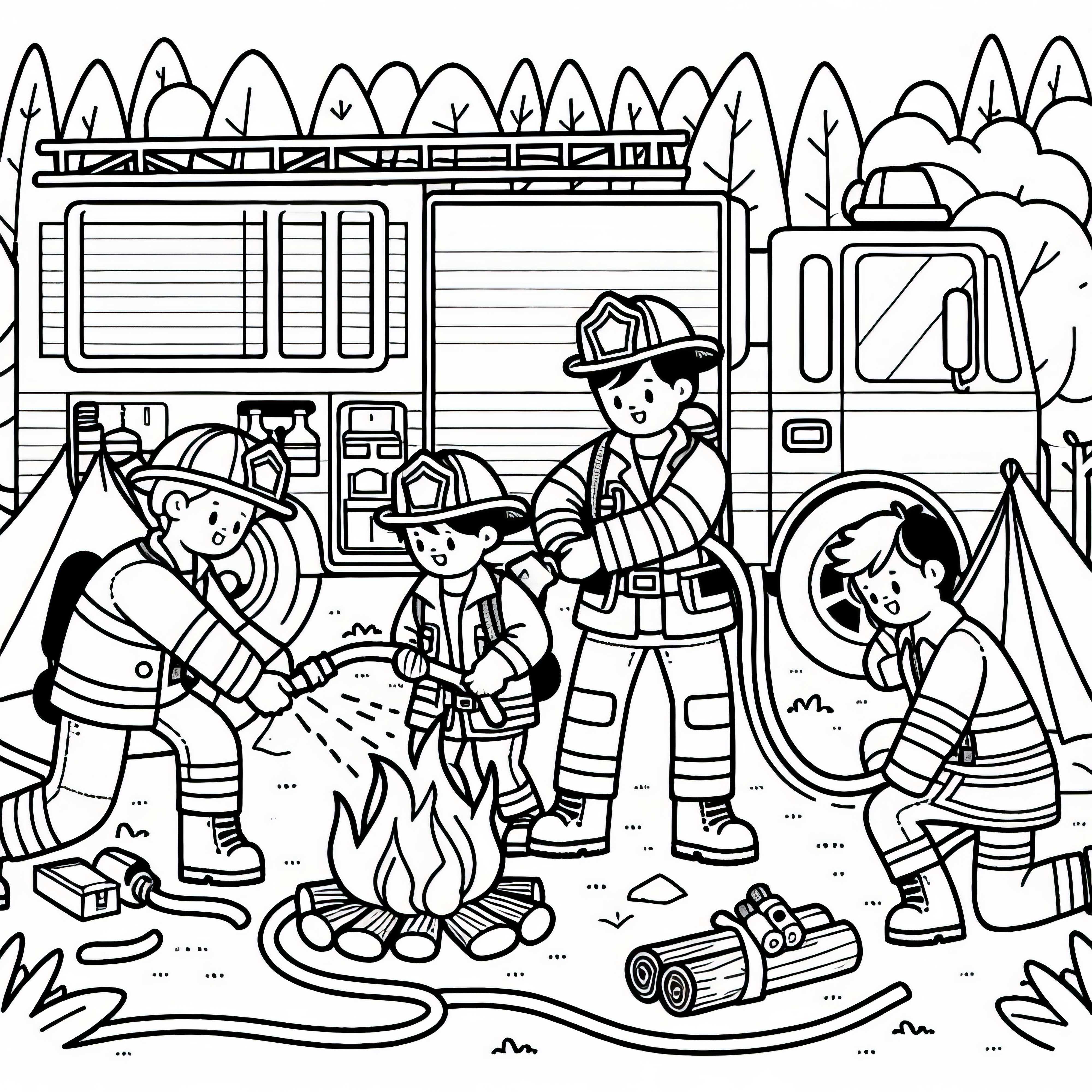 Équipe de pompiers éteint le feu de camp - Dessin à colorier gratuit pour les garçons à partir de six ans