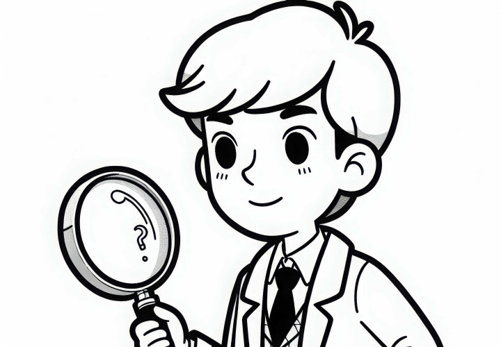 Détective avec une loupe cherche des indices - Modèle à colorier pour les garçons à partir de six ans gratuit
