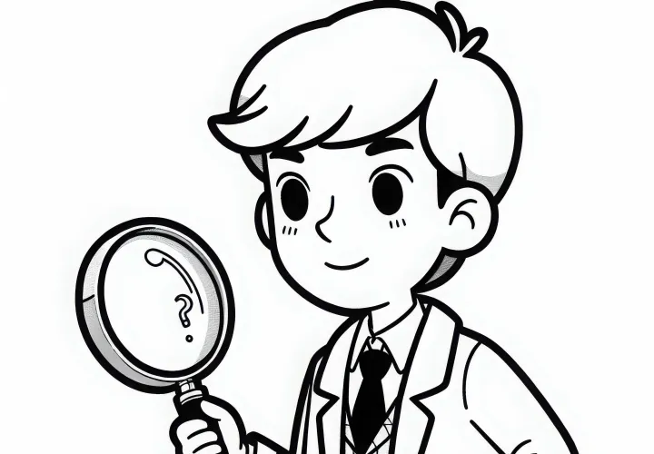 Détective avec une loupe cherche des indices - Modèle à colorier pour les garçons à partir de six ans gratuit