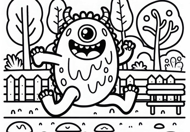 Monstre court en riant à travers le parc – Dessin à colorier pour les garçons à partir de six ans gratuit
