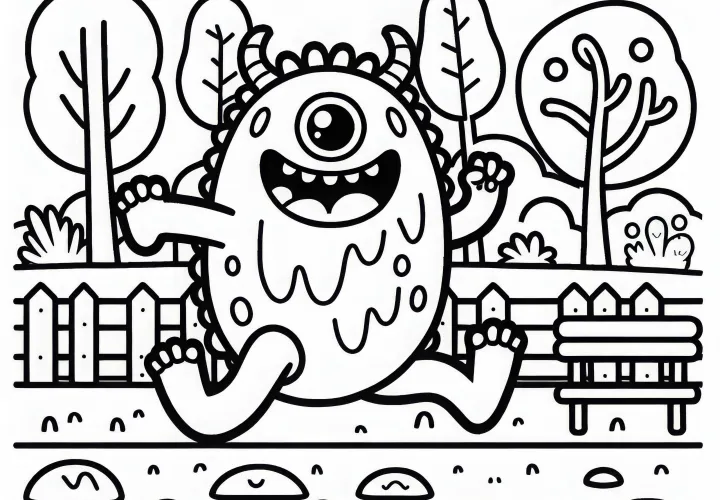 Monstre court en riant à travers le parc – Dessin à colorier pour les garçons à partir de six ans gratuit
