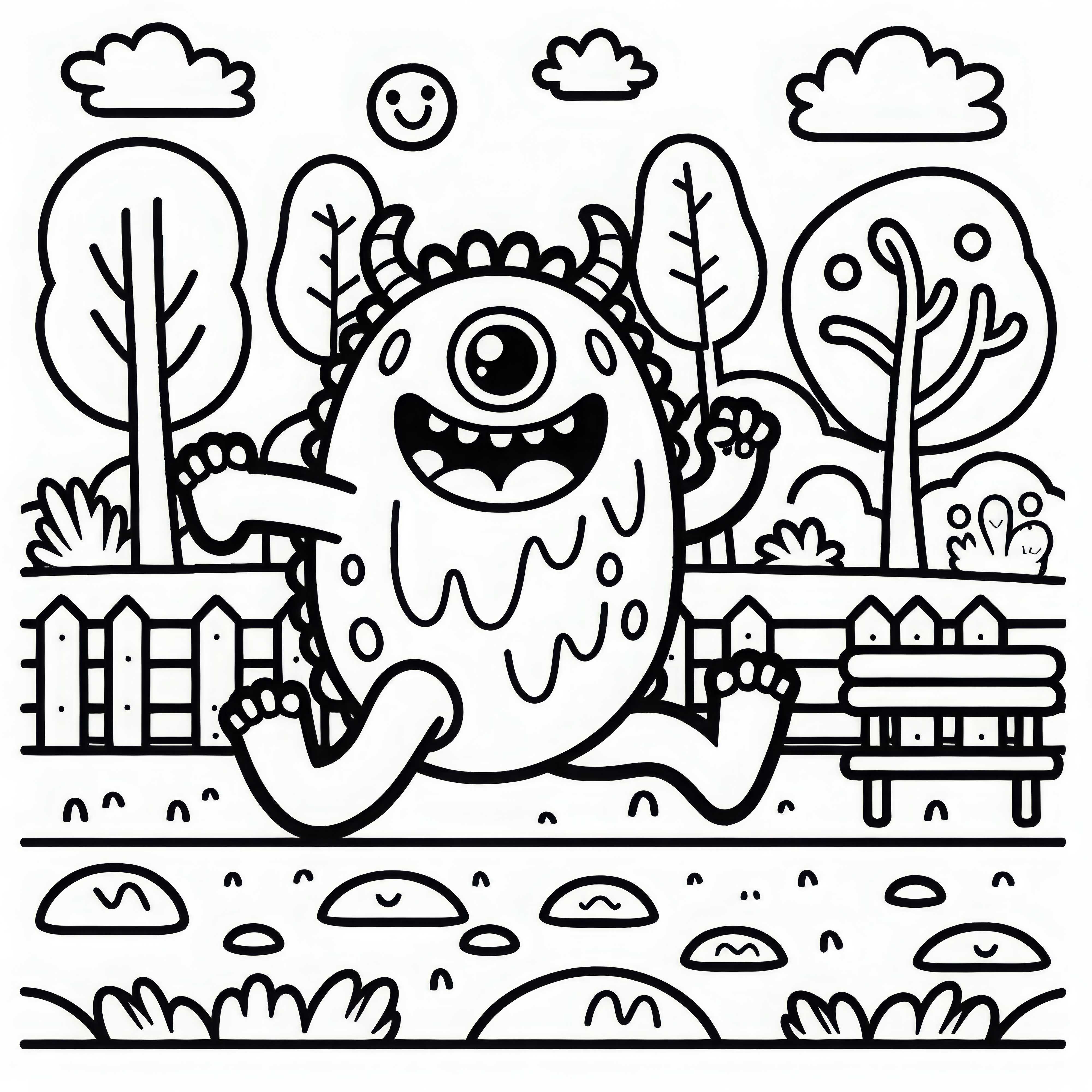 Le monstre court en riant à travers le parc - Dessin à colorier gratuit pour les garçons à partir de six ans