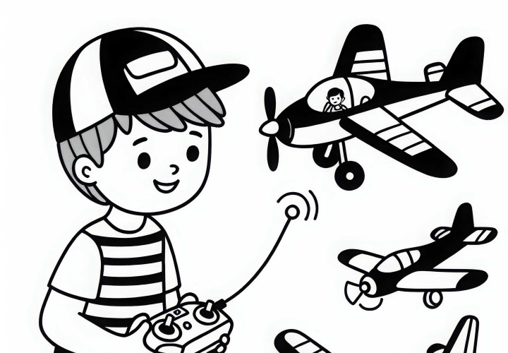 Garçon avec télécommande contrôle le modèle d'avion Image à colorier pour garçons à partir de six ans gratuite