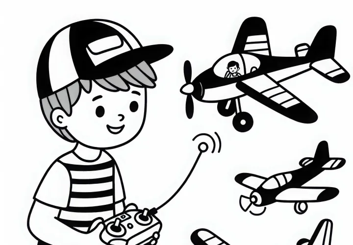 Garçon avec télécommande contrôle le modèle d'avion Image à colorier pour garçons à partir de six ans gratuite