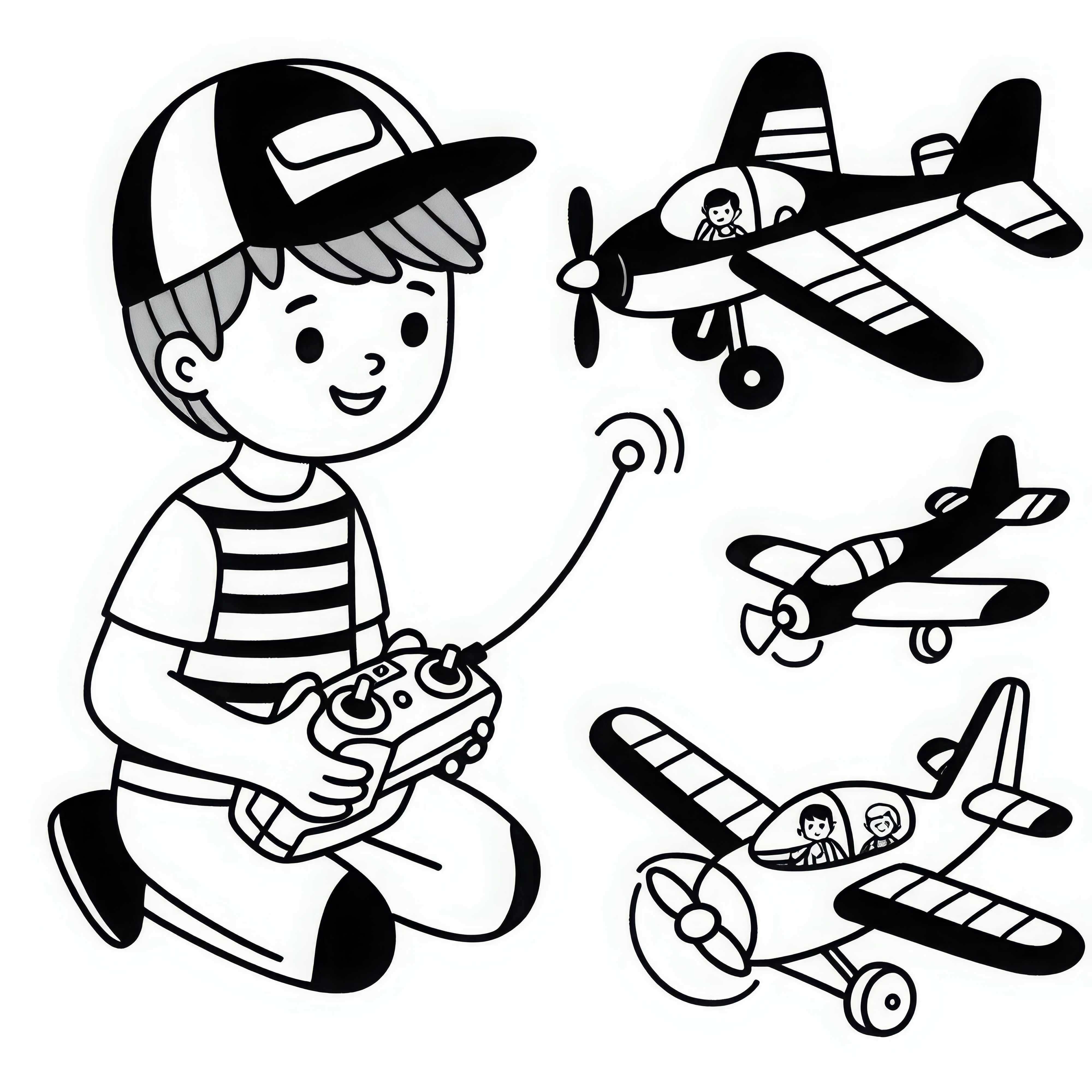 Garçon avec télécommande contrôle un modèle d'avion – Dessin à colorier gratuit pour les garçons de plus de six ans