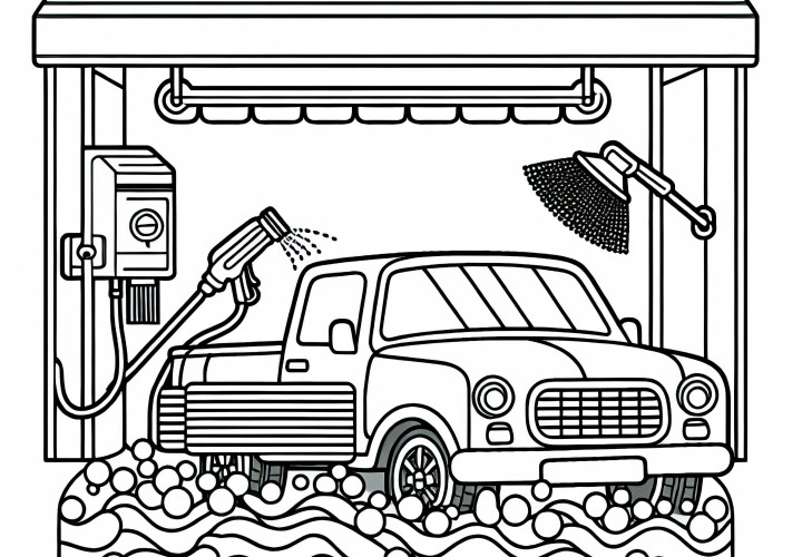 Voiture dans le lavage – Dessin à colorier pour les garçons à partir de six ans, gratuit