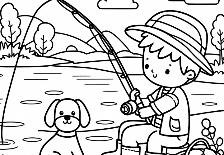 Garçon pêche au lac avec un chien - Dessin à colorier pour garçons à partir de six ans, gratuit