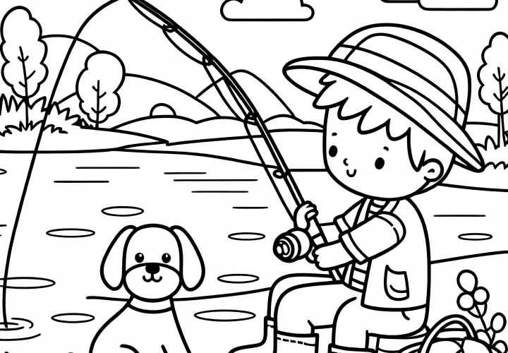 Garçon pêche au lac avec un chien - Dessin à colorier pour garçons à partir de six ans, gratuit