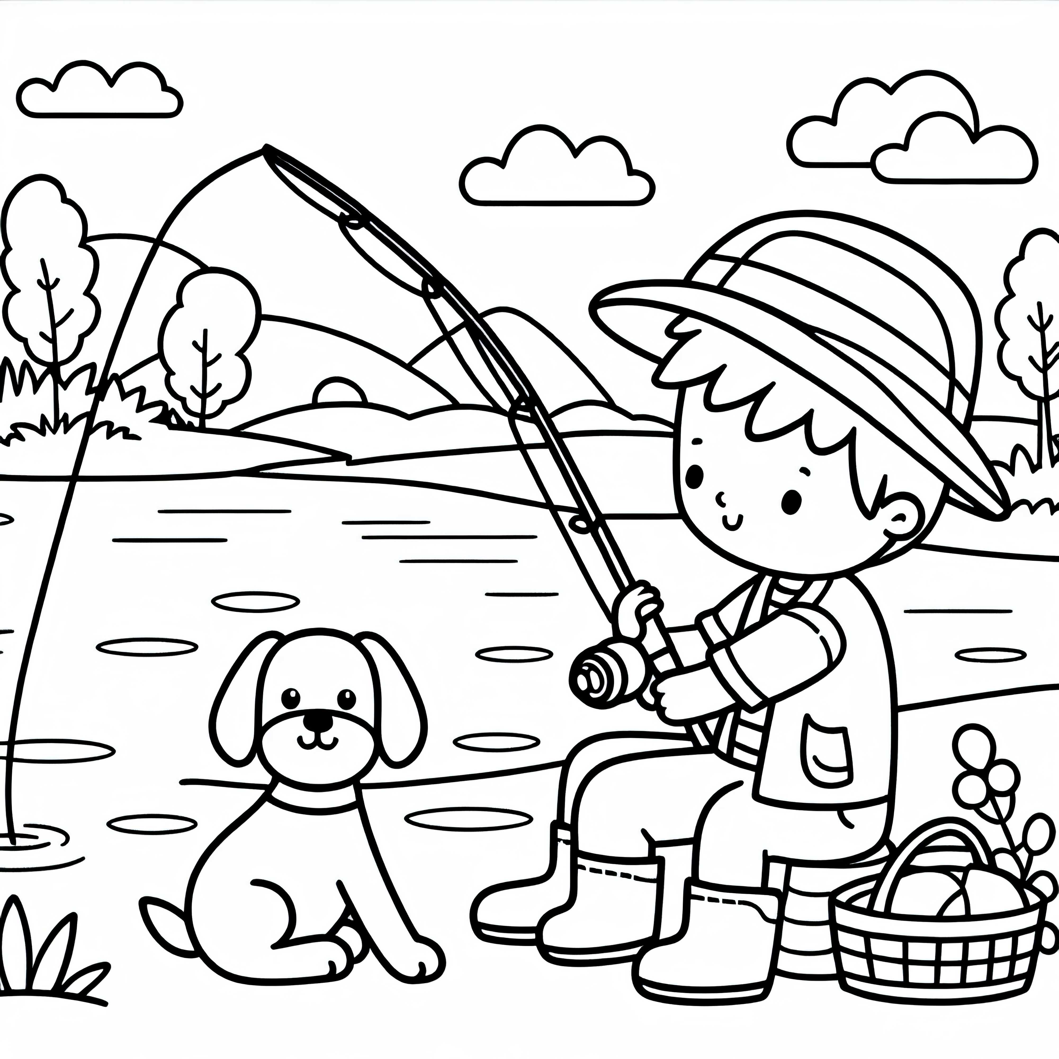 Un garçon pêche au lac avec un chien - Dessin à colorier pour les garçons à partir de six ans, gratuit