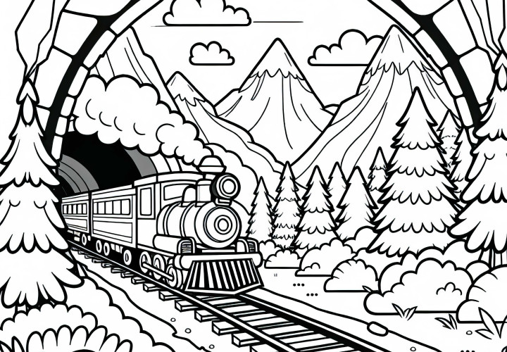 Train traverse un tunnel de montagne – Modèle de coloriage gratuit pour les garçons à partir de six ans