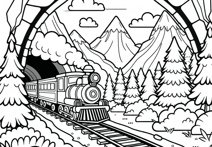 Train traverse un tunnel de montagne – Modèle de coloriage gratuit pour les garçons à partir de six ans