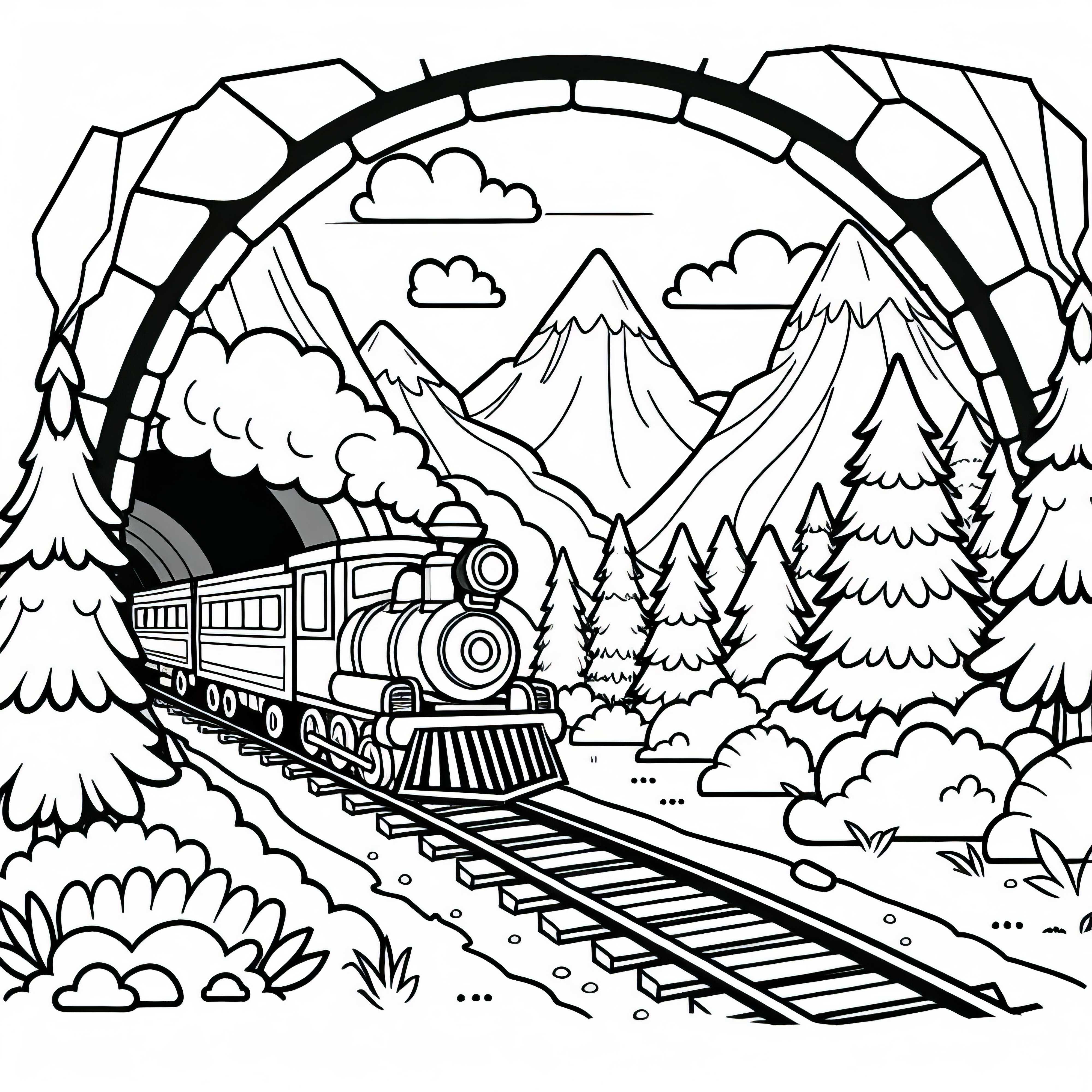 Train traversant un tunnel de montagne - Modèle de coloriage gratuit pour les garçons à partir de six ans