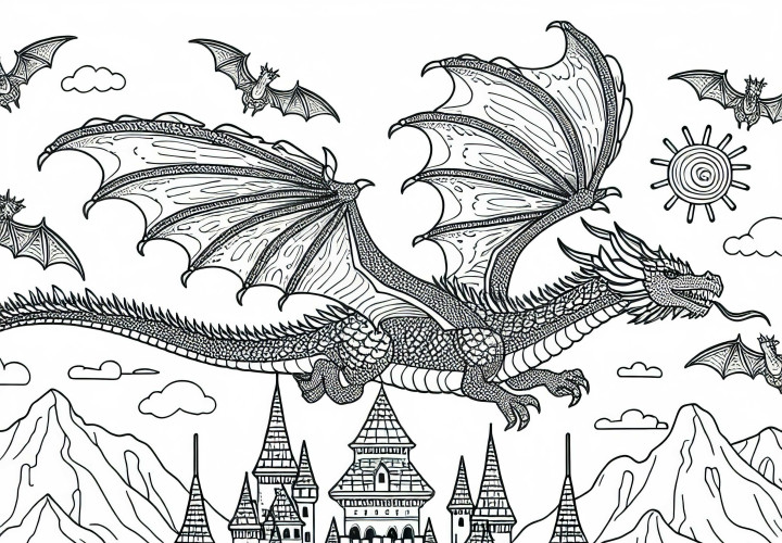 Dragon vole au-dessus du château - image à colorier gratuite pour les garçons à partir de neuf ans
