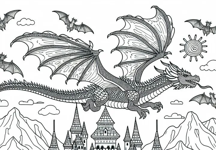 Dragon vole au-dessus du château - image à colorier gratuite pour les garçons à partir de neuf ans
