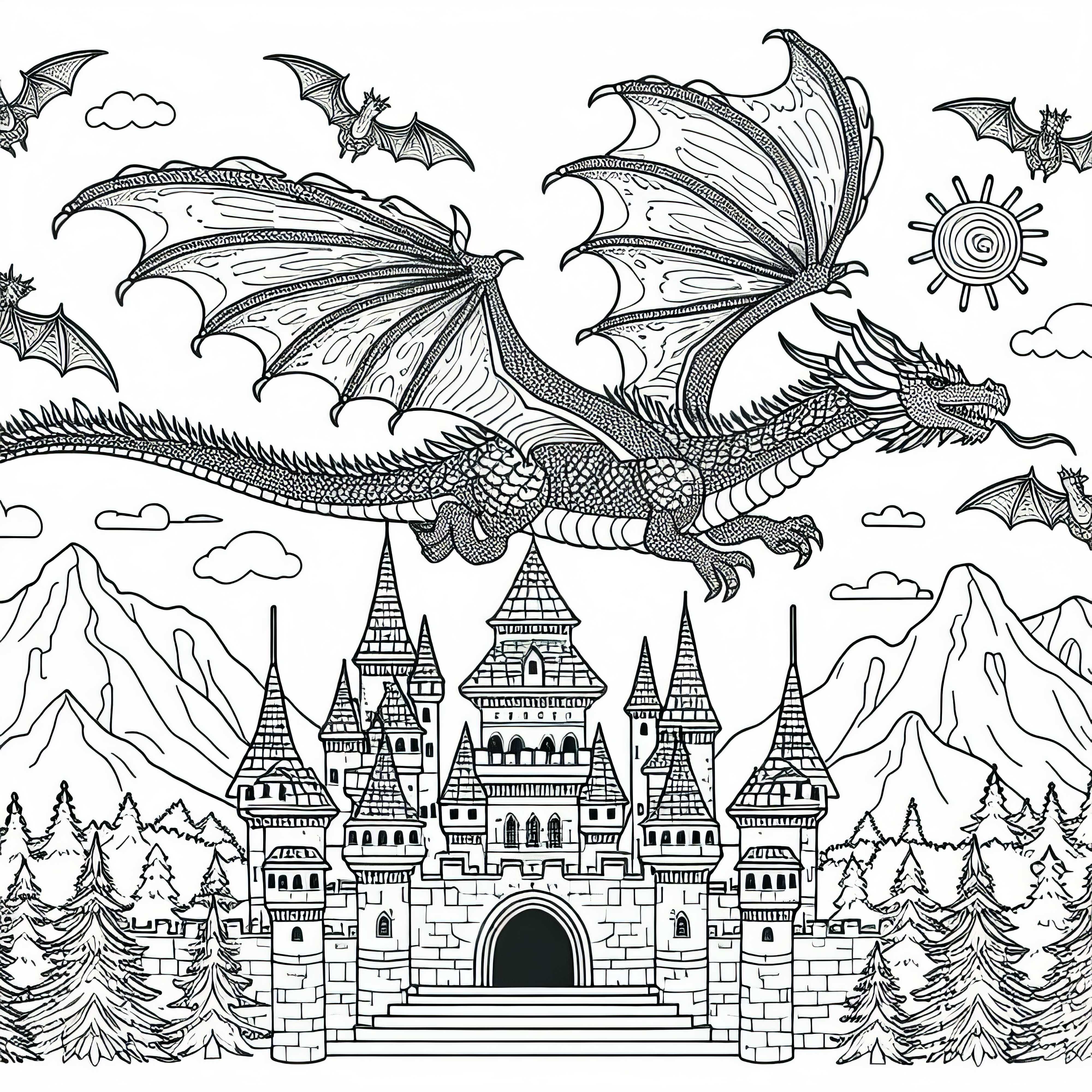 Un dragon vole au-dessus du château – Dessin à colorier gratuit pour les garçons à partir de neuf ans