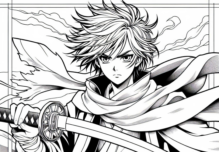 Garçon manga avec épée - Page à colorier pour les garçons à partir de neuf ans - Gratuit
