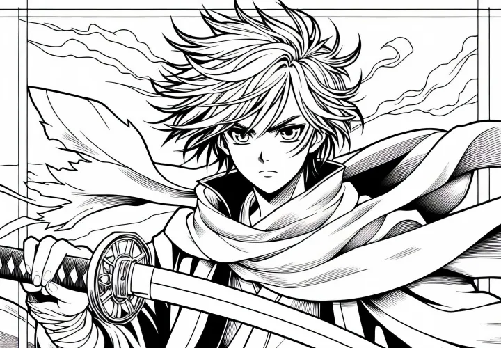 Garçon manga avec épée - Page à colorier pour les garçons à partir de neuf ans - Gratuit