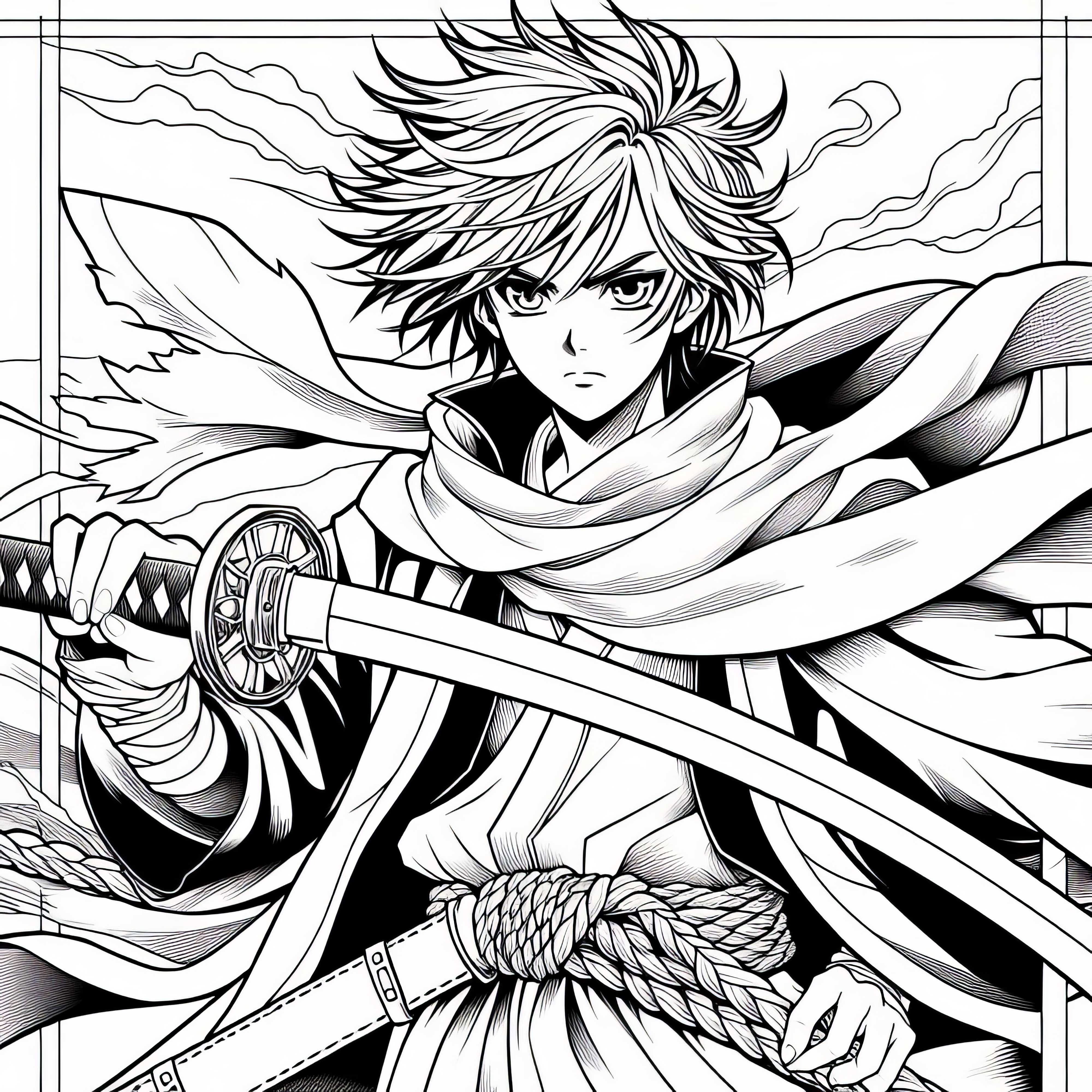 Garçon manga avec épée – Modèle de coloriage pour les garçons à partir de neuf ans – Gratuit