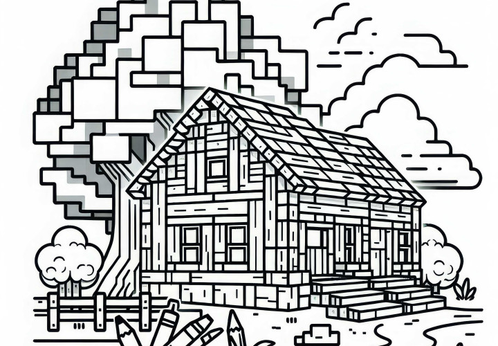 Maison en blocs inspirée de Minecraft avec arbre - Image à colorier pour les garçons à partir de neuf ans - Téléchargement gratuit