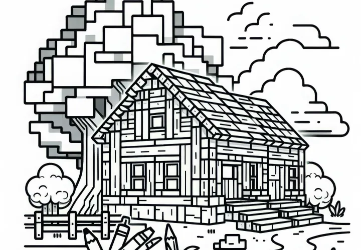 Maison en blocs inspirée de Minecraft avec arbre - Image à colorier pour les garçons à partir de neuf ans - Téléchargement gratuit