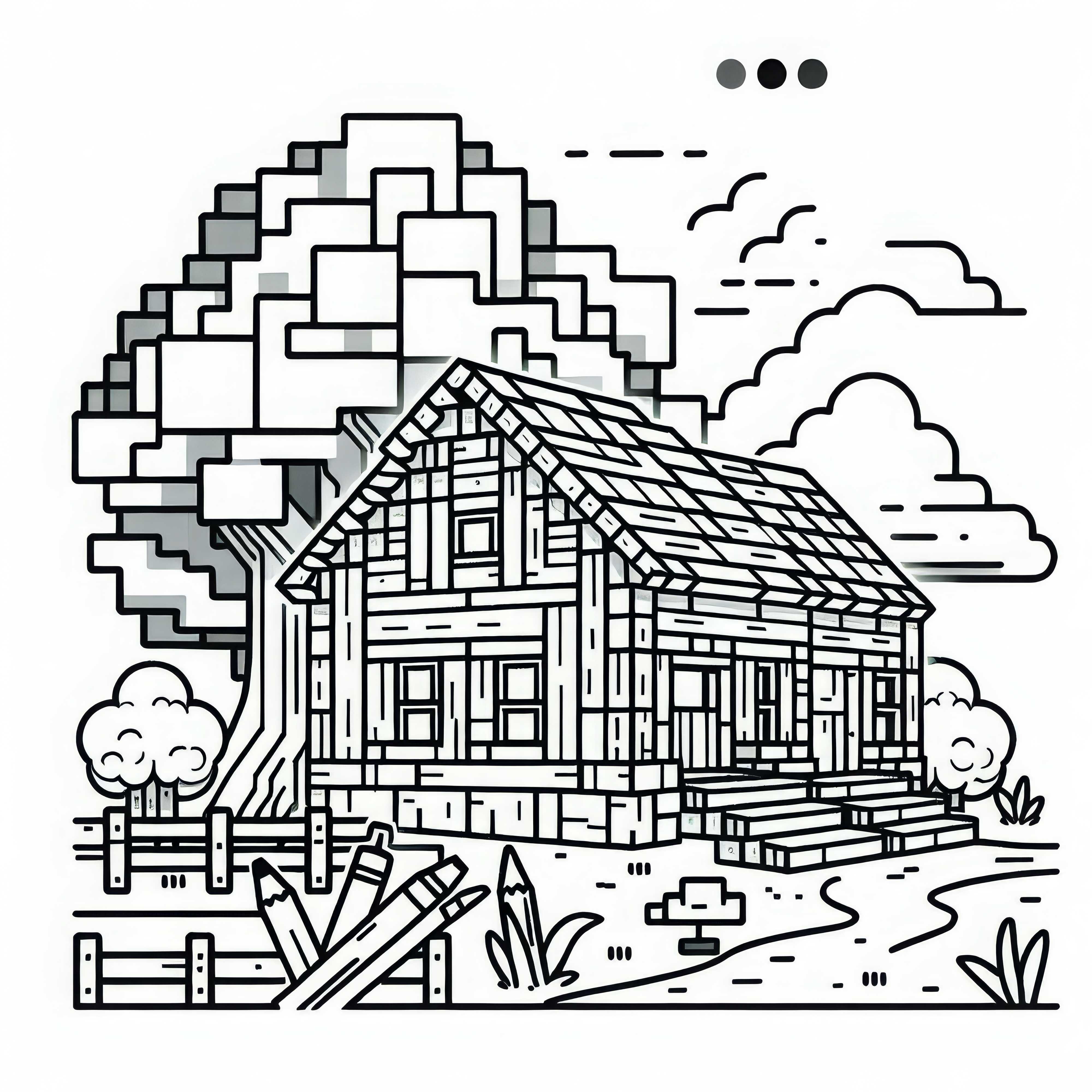 Maison en blocs inspirée de Minecraft avec arbre - Image à colorier pour les garçons à partir de neuf ans - Téléchargement gratuit