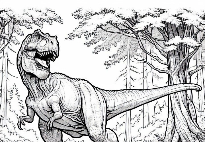T-Rex dans la forêt – Dessin à colorier gratuit pour les garçons à partir de neuf ans