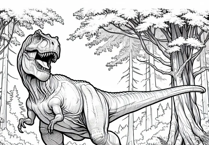 T-Rex dans la forêt – Dessin à colorier gratuit pour les garçons à partir de neuf ans