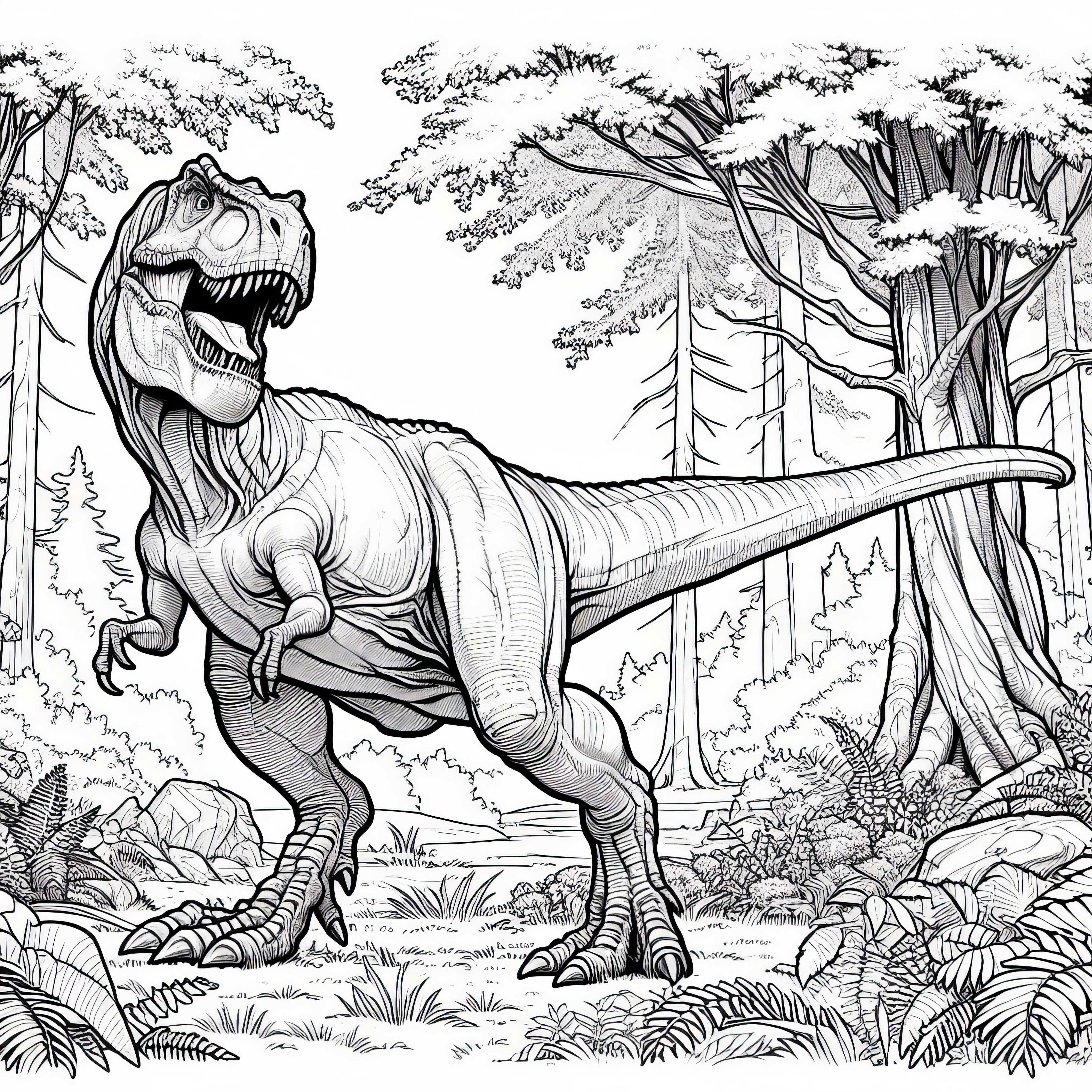 T-Rex dans la forêt – Dessin à colorier gratuit pour les garçons à partir de neuf ans