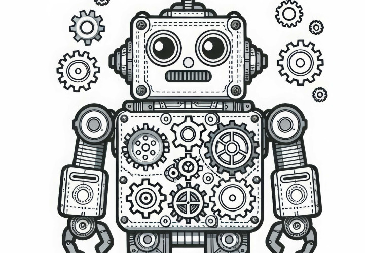 Technique robot avec engrenages – dessin à colorier pour garçons à partir de neuf ans gratuit