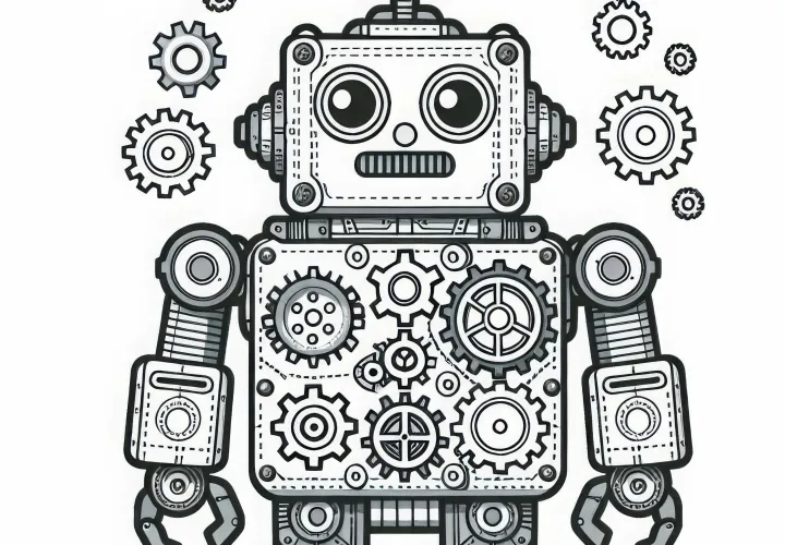 Technique robot avec engrenages – dessin à colorier pour garçons à partir de neuf ans gratuit