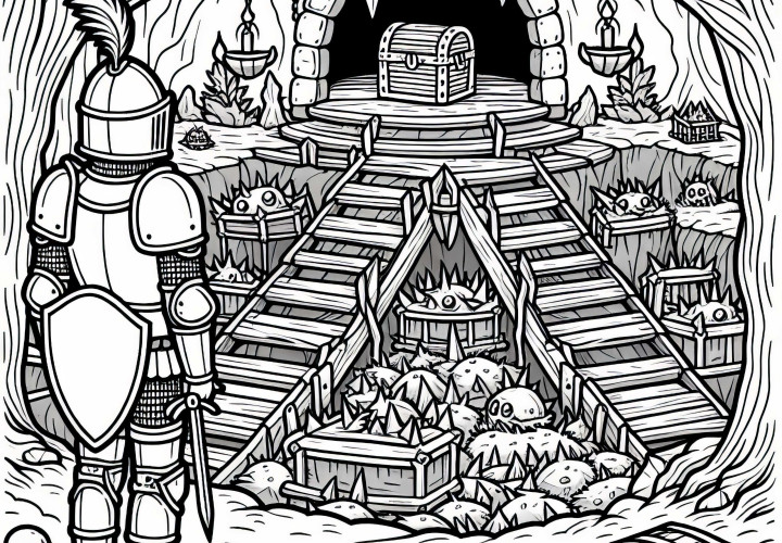 Chevalier devant la grotte au trésor – Dessin à colorier gratuit pour les garçons à partir de neuf ans