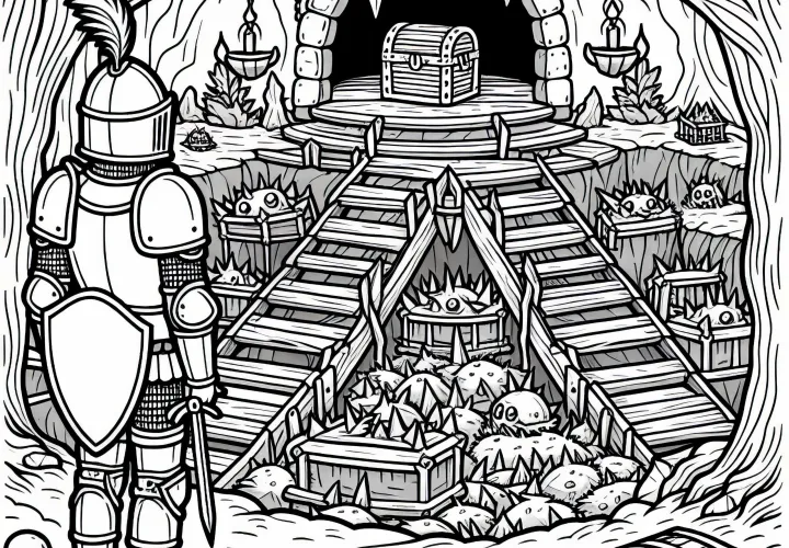 Chevalier devant la grotte au trésor – Dessin à colorier gratuit pour les garçons à partir de neuf ans