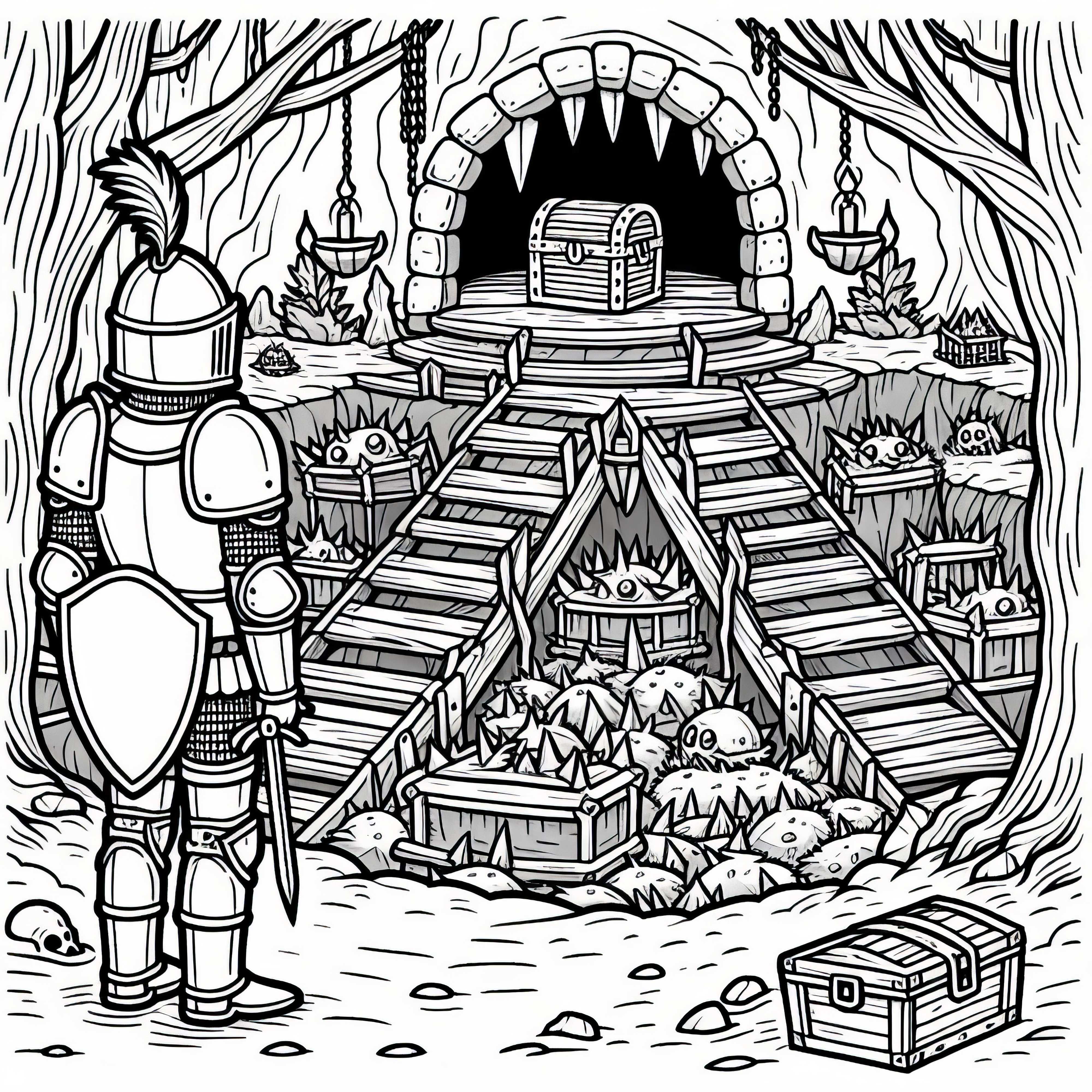 Chevalier devant la grotte au trésor - Dessin à colorier gratuit pour les garçons à partir de neuf ans
