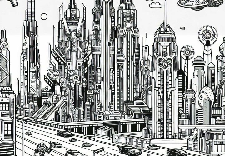 Coloriage de panorama urbain de science-fiction gratuit pour les garçons à partir de neuf ans
