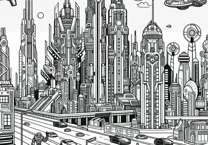 Coloriage de panorama urbain de science-fiction gratuit pour les garçons à partir de neuf ans