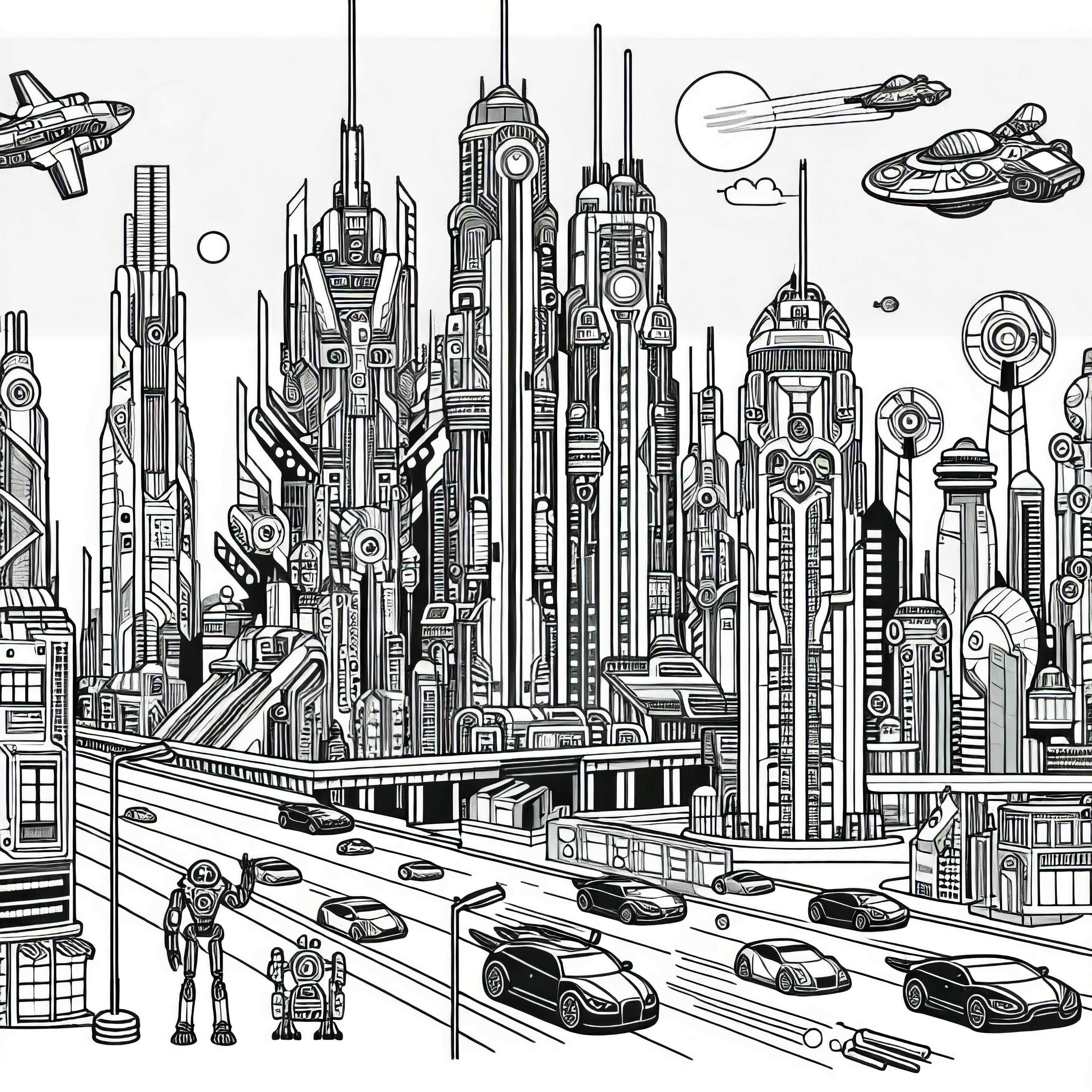 Modèle de coloriage de panorama de ville de science-fiction gratuit pour les garçons à partir de neuf ans
