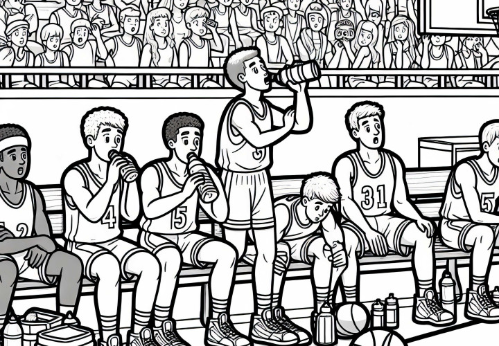 Match de basket pendant la pause - Dessin à colorier gratuit pour les garçons à partir de neuf ans